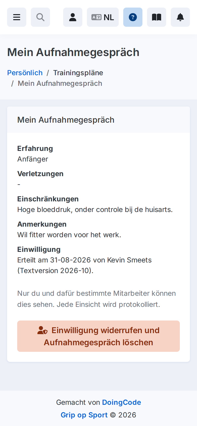 De eigen intake van een lid op een telefoon