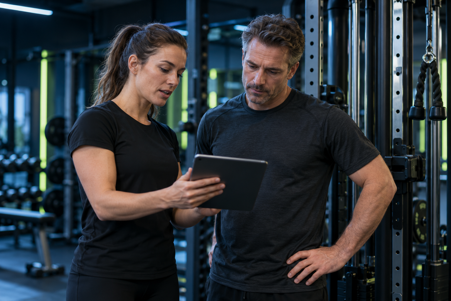 Een personal trainer bespreekt een schema met een klant